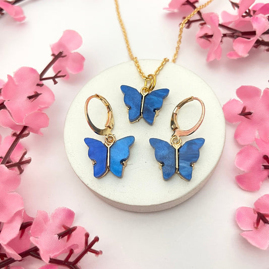 Cute Blue Acrylic Butterfly Charm Huggies & Necklace Combo Perfect For Dailywear - DropShp