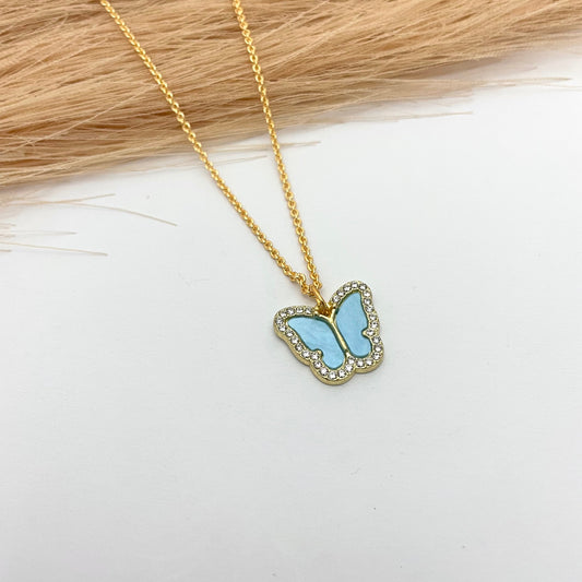Waterproof Stone Studded Blue Butterfly Charm Necklace - DropShp