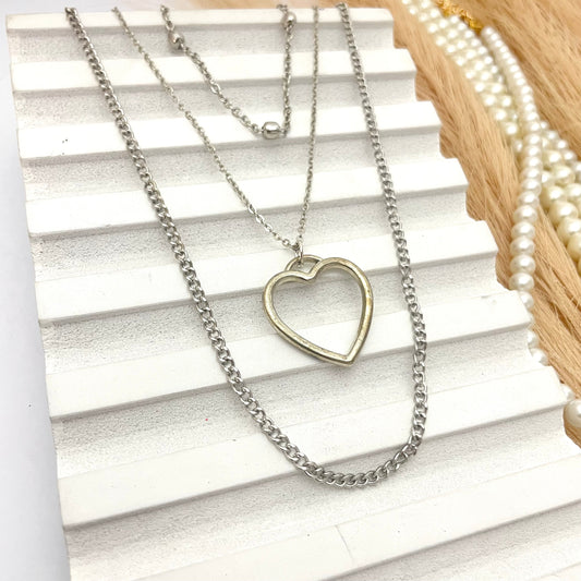 Silver Triple Layered Necklace With Heart Charm - DropShp