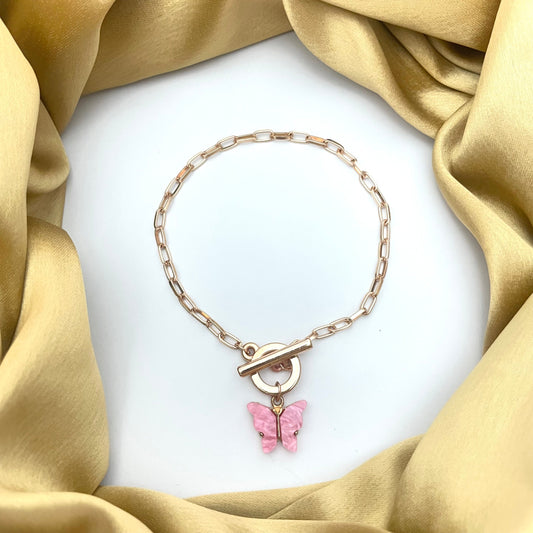 Simple Classic Slim Gold Link Chain Bracelet With Butterfly (Dark Pink) - DropShp