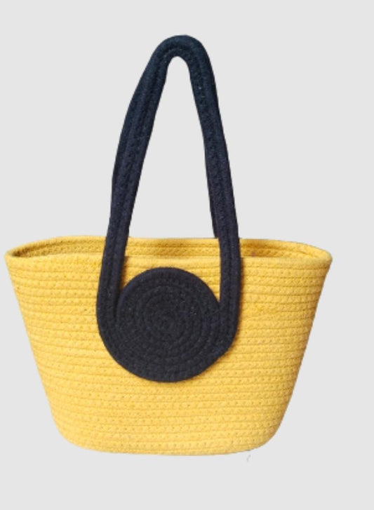 Jute Cotton Handmade Women Bucket Bag Casual Woven Beach Handbag (Yellow) - DropShp
