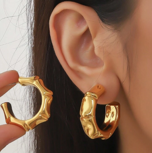 Gold Plated Chunky Bamboo Hoop Earrings - DropShp