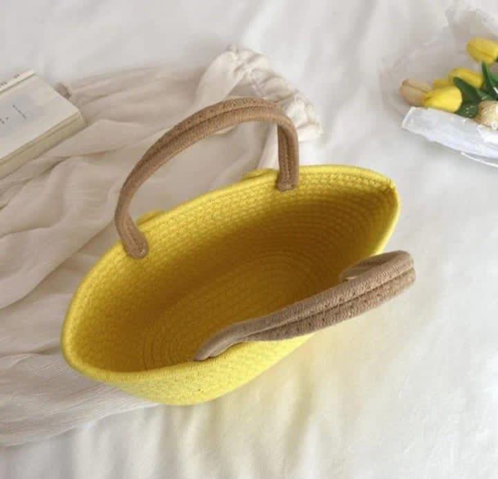 Jute Cotton Handmade CUTE Bucket Bag Casual Woven Beach Handbag for Vacation (Yellow) - DropShp