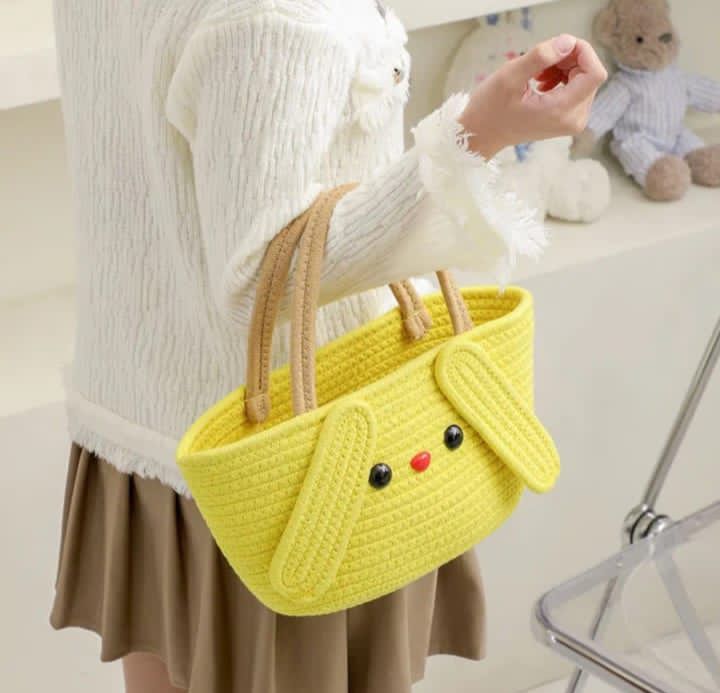 Jute Cotton Handmade CUTE Bucket Bag Casual Woven Beach Handbag for Vacation (Yellow) - DropShp