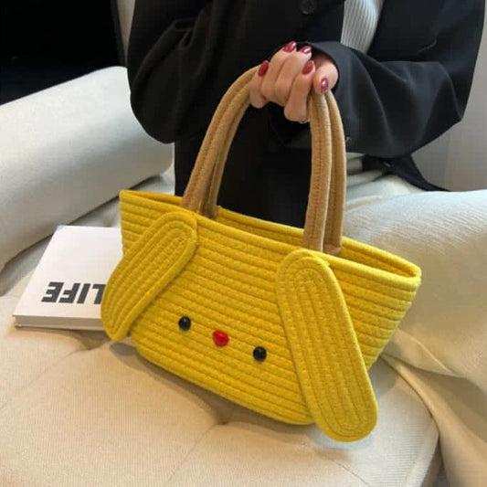 Jute Cotton Handmade CUTE Bucket Bag Casual Woven Beach Handbag for Vacation (Yellow) - DropShp