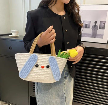 Jute Cotton Handmade CUTE Bucket Bag Casual Woven Beach Handbag for Vacation (White & Blue) - DropShp