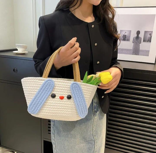Jute Cotton Handmade CUTE Bucket Bag Casual Woven Beach Handbag for Vacation (White & Blue) - DropShp