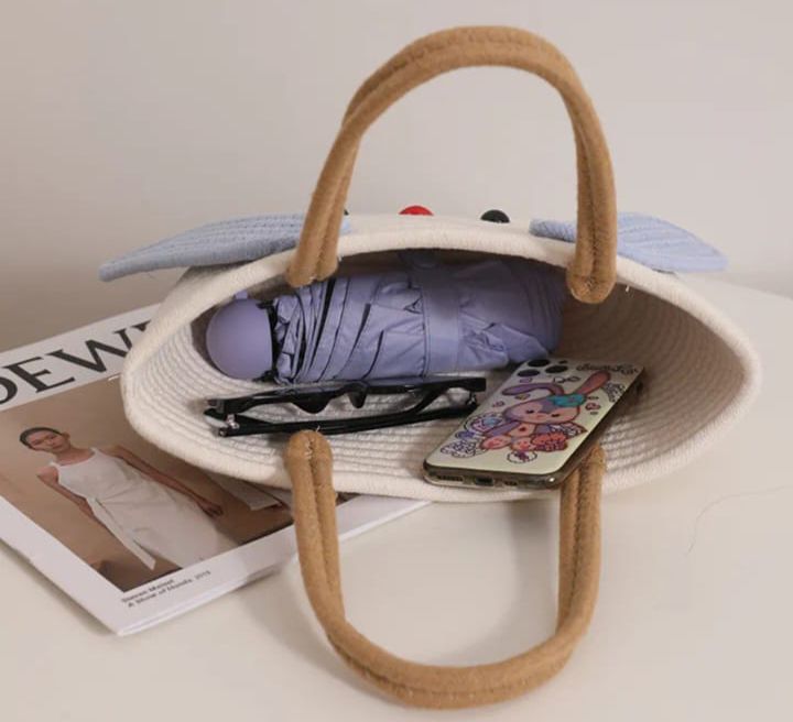 Jute Cotton Handmade CUTE Bucket Bag Casual Woven Beach Handbag for Vacation (White & Blue) - DropShp