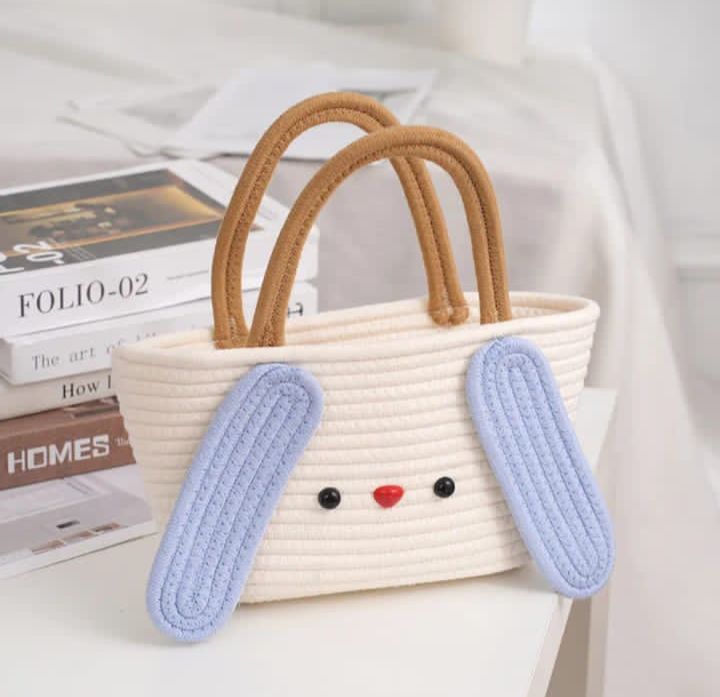 Jute Cotton Handmade CUTE Bucket Bag Casual Woven Beach Handbag for Vacation (White & Blue) - DropShp