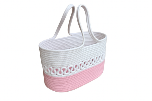 Women CUTE FANCY Bucket Bag Casual Woven Beach Handbag for Vacation (White & Pink)